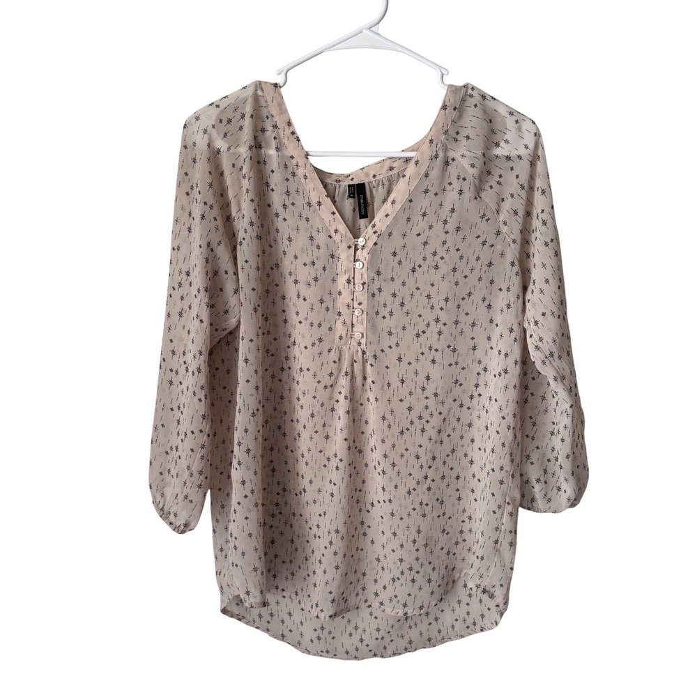 Maurices Womens Blush Pink Black Starburst Print Chiffon 3/4 Sleeve Blouse M